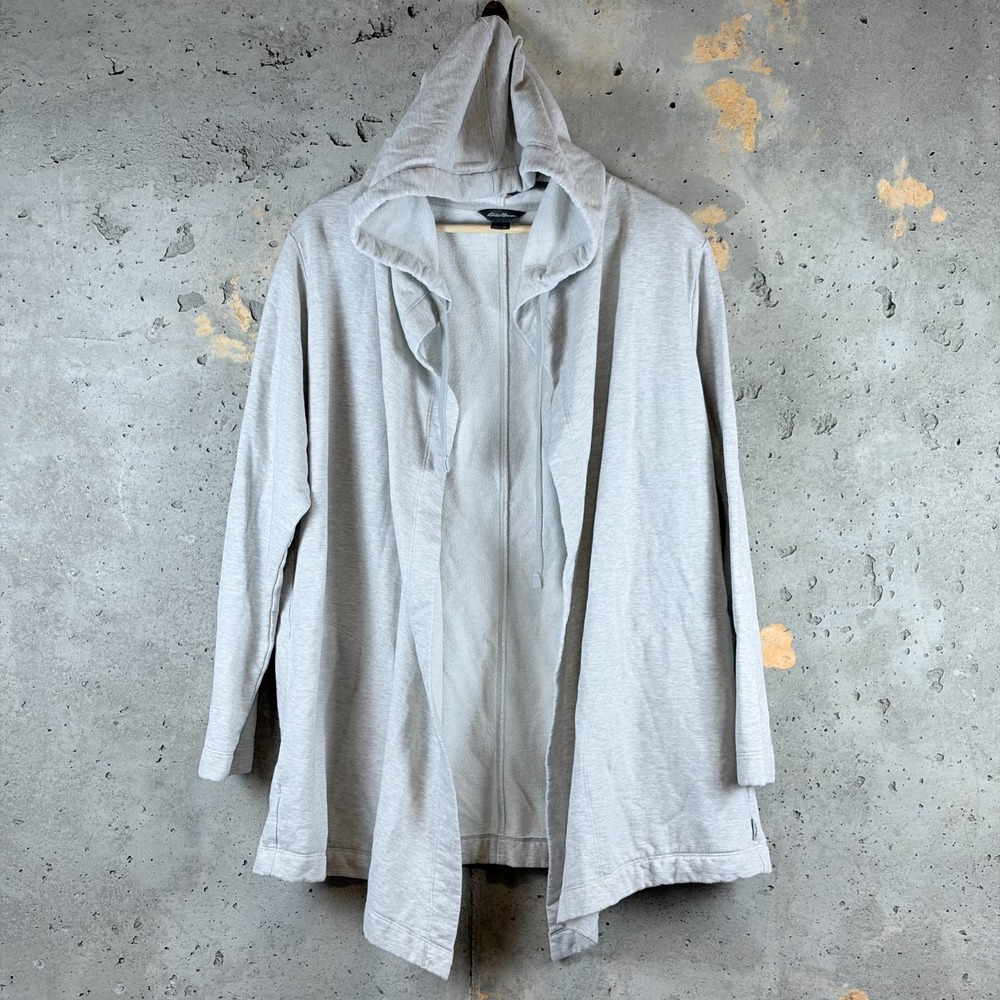 Eddie Bauer Cardigan Womens XL Gray Relaxed Fit Open Front Hooded D3359661